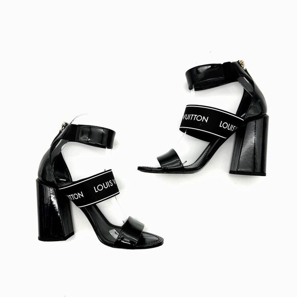 LOUIS VUITTON Trail Black Patent Leather Logo Sandal Size 37 Block Heel - Picture 7 of 12